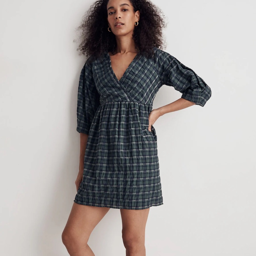 Madewell (XS) Marianna Puff-Sleeve Mini Dress in Green/Black Plaid Cottagecore